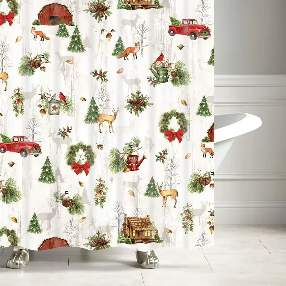 Christmas Shower Curtain Set Red Retro Truck Xmas Tree Fox Squirrel Vintage Farmhouse Style Bathroom Curtains Fabric Decor Hooks