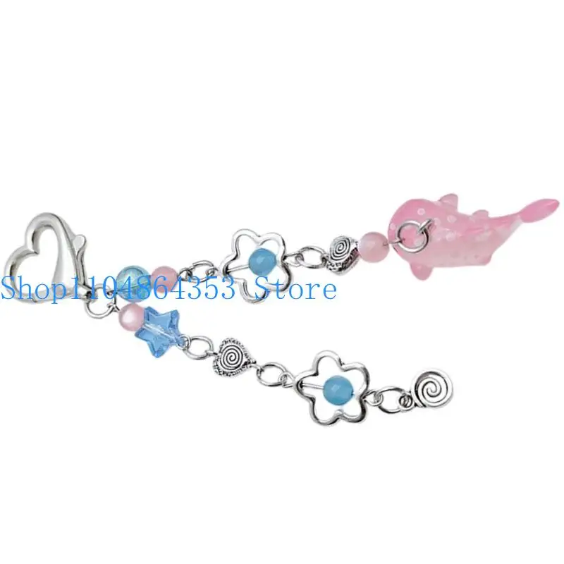 652F Hollow Flower Pendant Keychain Crystal Star Beaded Keyring Unique Whale Phone Chain for Students Beaded Charm Keyholder