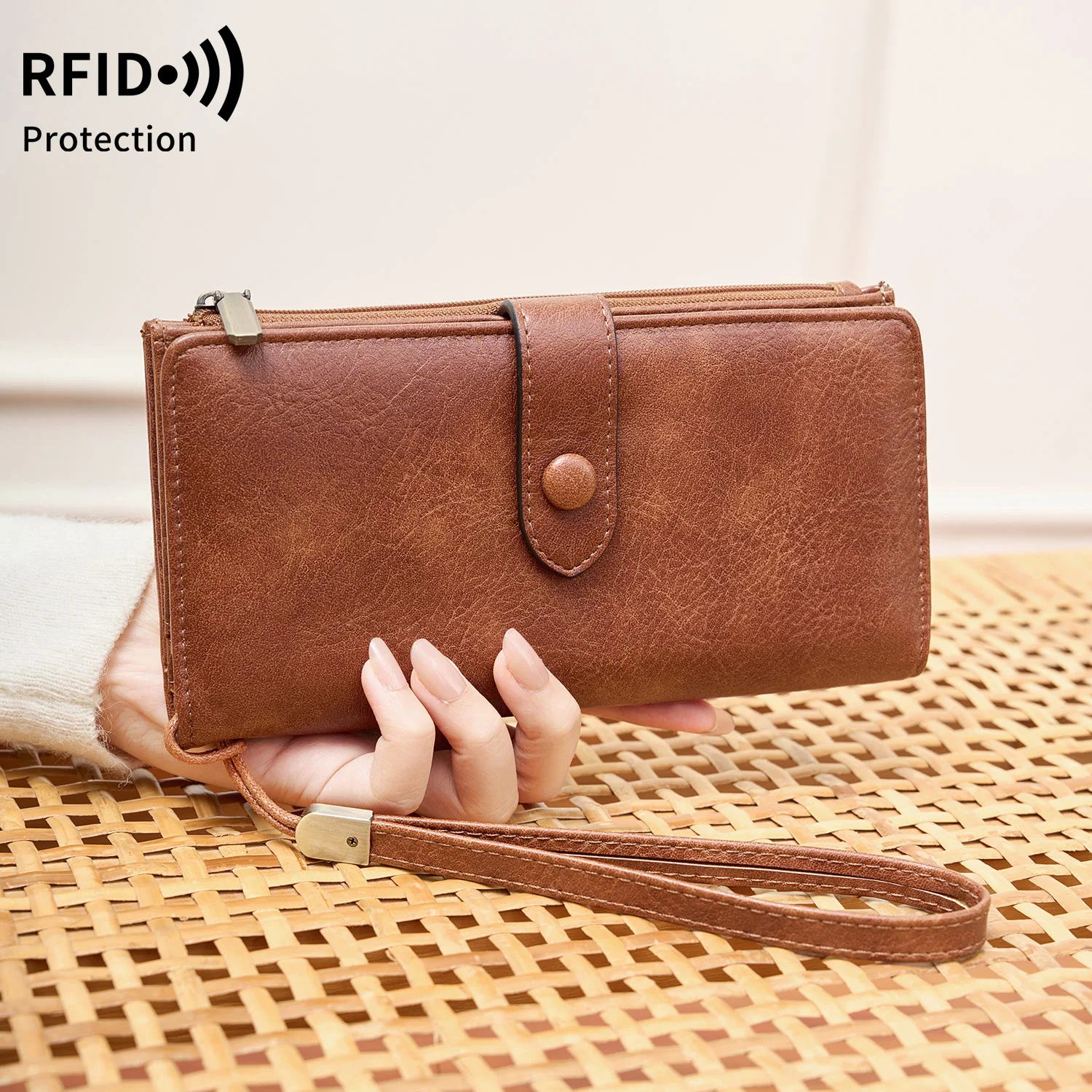 RFID Women Long Wallet PU Leather Card Holder Fashion Large Capacity Zipper Coin Purse Multi Card Organizer Wristlet Handbag