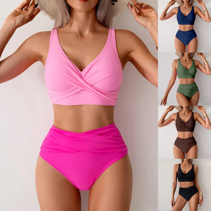 

Two Piece Women Swimsuit Bikini Set High Waist Beach Wear V Neck Ruching Bathing Suit Adjustable Shoulder Strap Swimwear