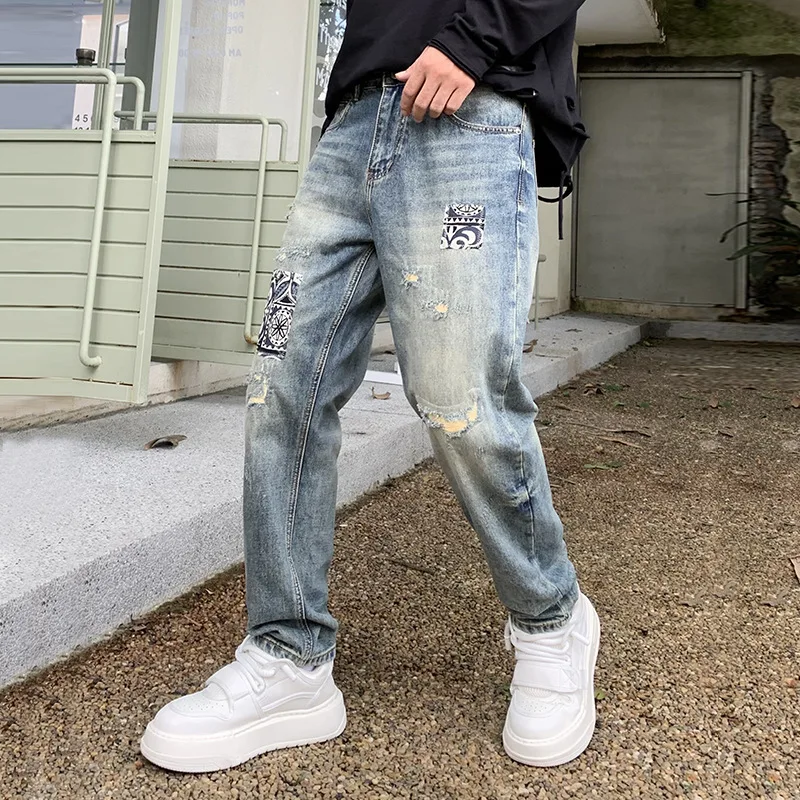 

2024 New High-Grade Fashion Jeans Men's Autumn Loose Straight Scrape Hole & Patch Printed Denim Cloth Trousers