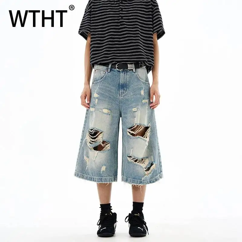 

WTHT Fashion Men Gradient Hole Burr Edge Do Old Design Denim Short Pant Vintage 2026 Summer High Street Loose Shorts Male 2A3127
