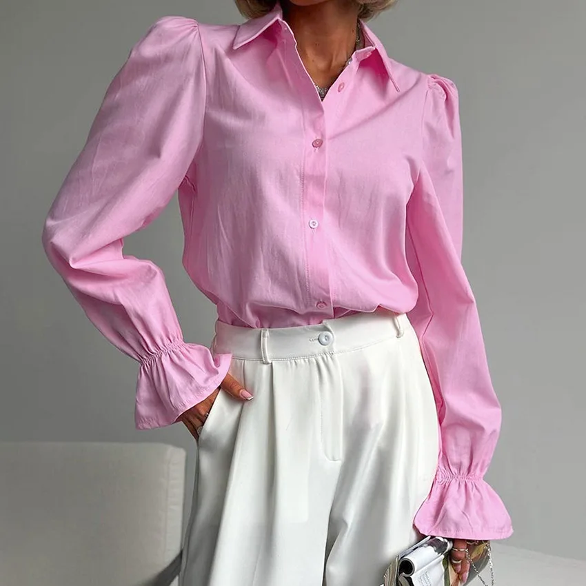 قميص بسيط من القطن الأزرق للركاب، قميص ربيعي داخلي بأكمام واسعة وطويلة، ملابس نسائية احترافية متوسطة وطويلة