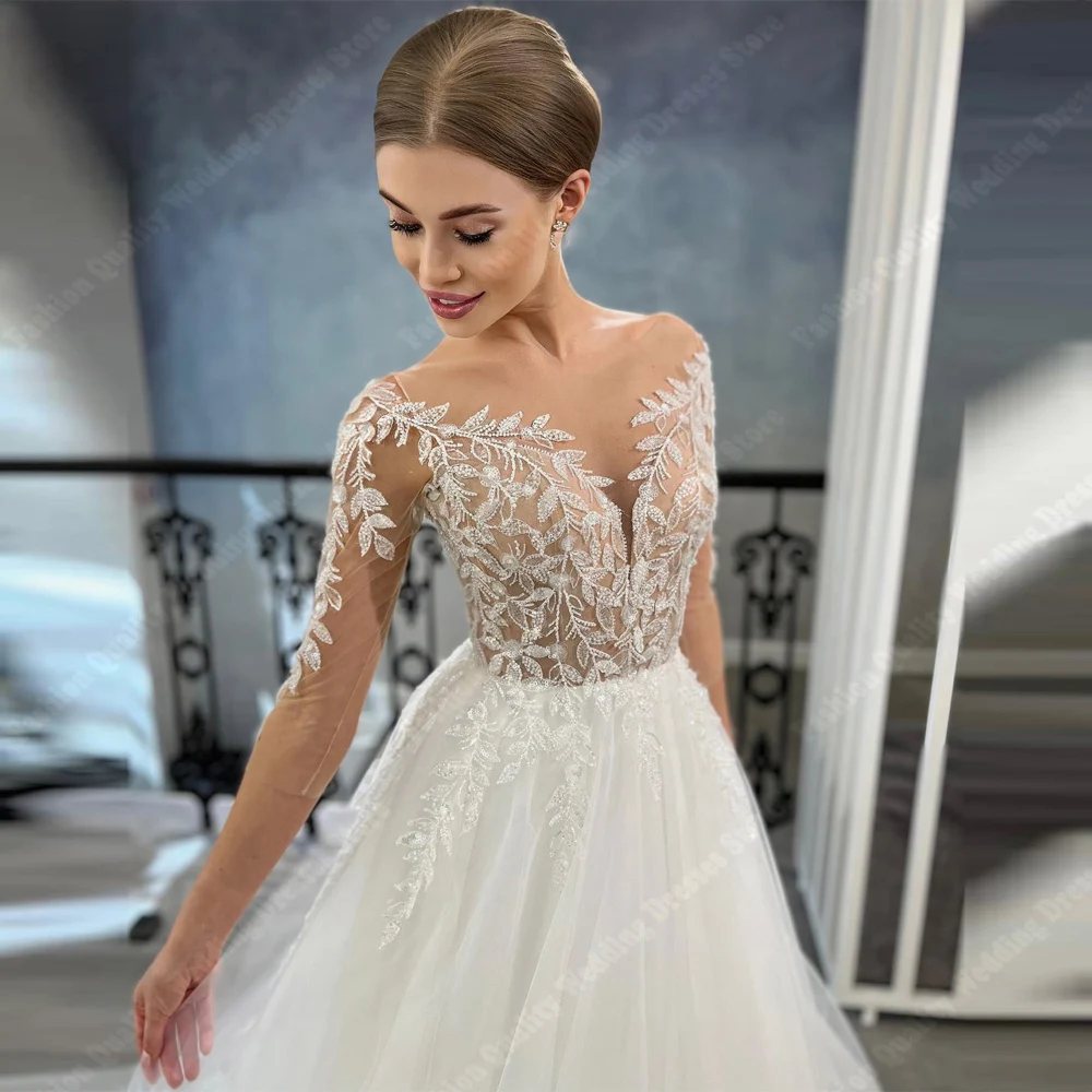 Moda a-line abiti da sposa da donna collo alto lunghezza straccio abiti da sposa romantico tessuto di pizzo luminoso principessa Vestido De Novia