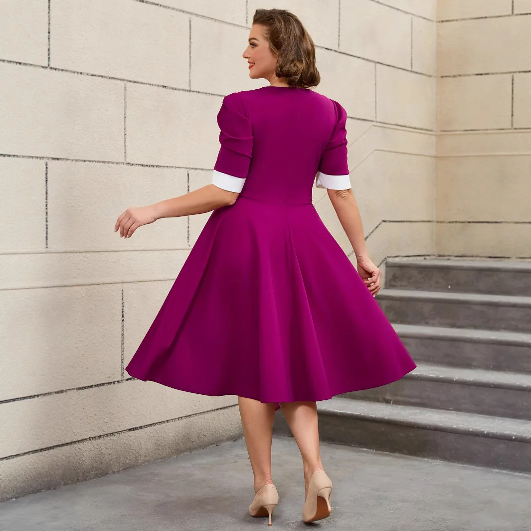 Am 050220 plus size bloco de cores em torno do pescoço a linha vestido de manga curta elegante festa cocktail vestido robe feminino festa