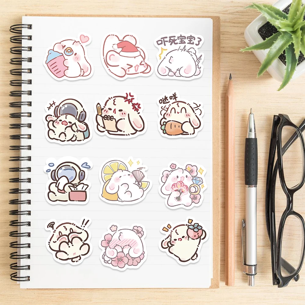 90PCS Mini Lop Ear Rabbit Pink Kawaii Bunny Cute Sticker Art Decoration Guitar Car Refrigerator Phone Laptop Diary Party Sticker