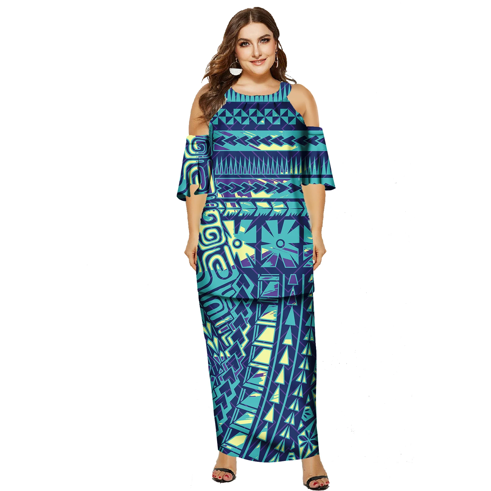 New Islander Puletasi Clothing Samoa Tapa Design Dresses Lady Short Sleeve Women Two Piece Set Customized Polynesian Dress