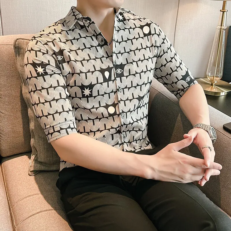 

Летняя мужская рубашка с короткими рукавами, модная повседневная рубашка из ледяного шелка без глажки, уличная одежда с буквенным принтом, рубашки с лацканами 2025