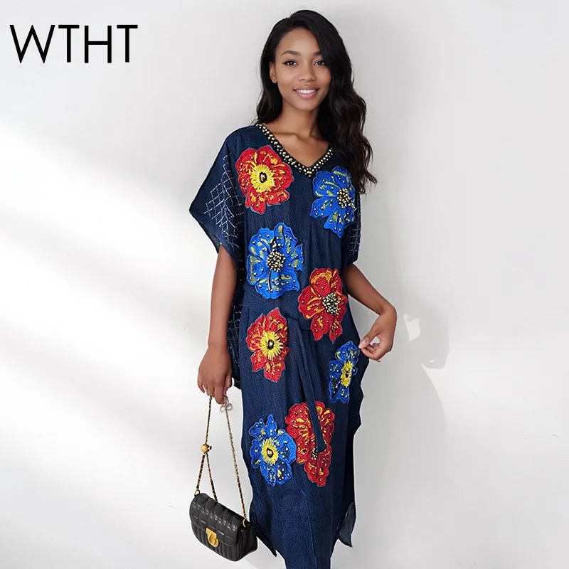 

WTHT Новое модное женское джинсовое платье без рукавов с бисером и цветами, осень 2023, модные свободные платья с v-образным вырезом, женские 1LS2652