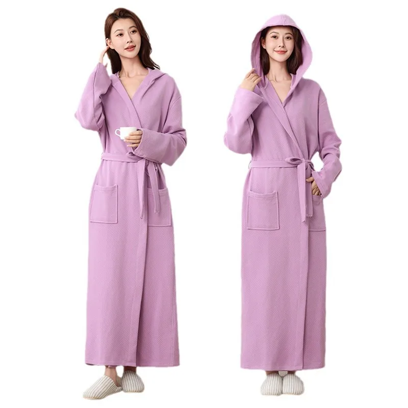 Men And Women Extra Long Cotton Bathrobe Sleepwear Water Uptake Bath Robe Couples Dressing Gown Cozy Hooded Hotel Spa Robe