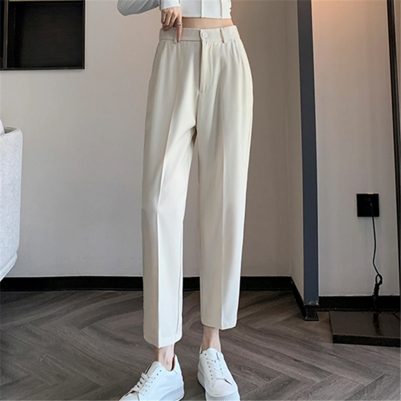 Women\'s Black High-Waisted Suit Pants 2024 Spring Summer Solid Button Casual Loose Ankle-Length Trousers Women