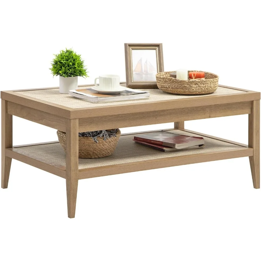 Rectangle Coffee Table for Living Room, Farmhouse Boho Center Table with 2-Tier Rattan Storage Shelves, Sofa Side Accent Table