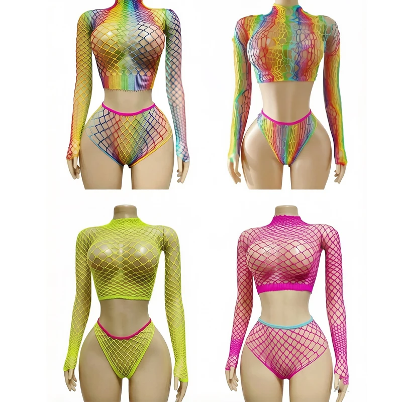 

Rainbow Hollow Out Stretch Mesh Cover Up Swimsuit Set for Music Festival Vacation Beach Wear Long Sleeve High Neck Sexy Bikini T