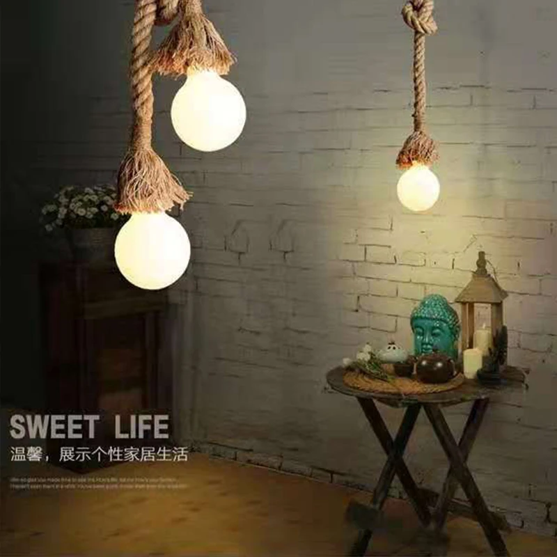 Retro Vintage Hemp Rope Pendant Light American Industrial Hanging Lamps Creative Loft Country Style Ceiling Lamps E27 LED Edison