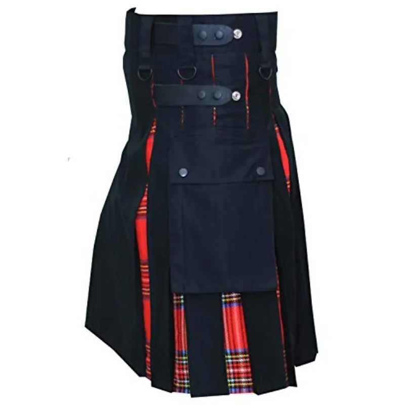 Kilts-Men\'s Plus Size Scottish Hybrid Black Cotton & Tartan Utility Kilts with Leather Straps Kilts for Men