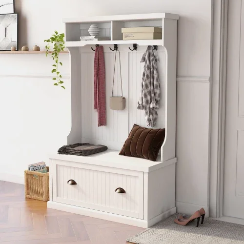 New Modern Design Entryway Hall White Coat Rack 4 Hooks And Storage Shoe Cabinet