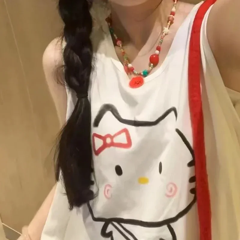 

2024 New Loose Outer Wear Slim Design Top, Cute Cartoon Hand-Painted Hello Kitty Sleeveless Vest Women's Summer