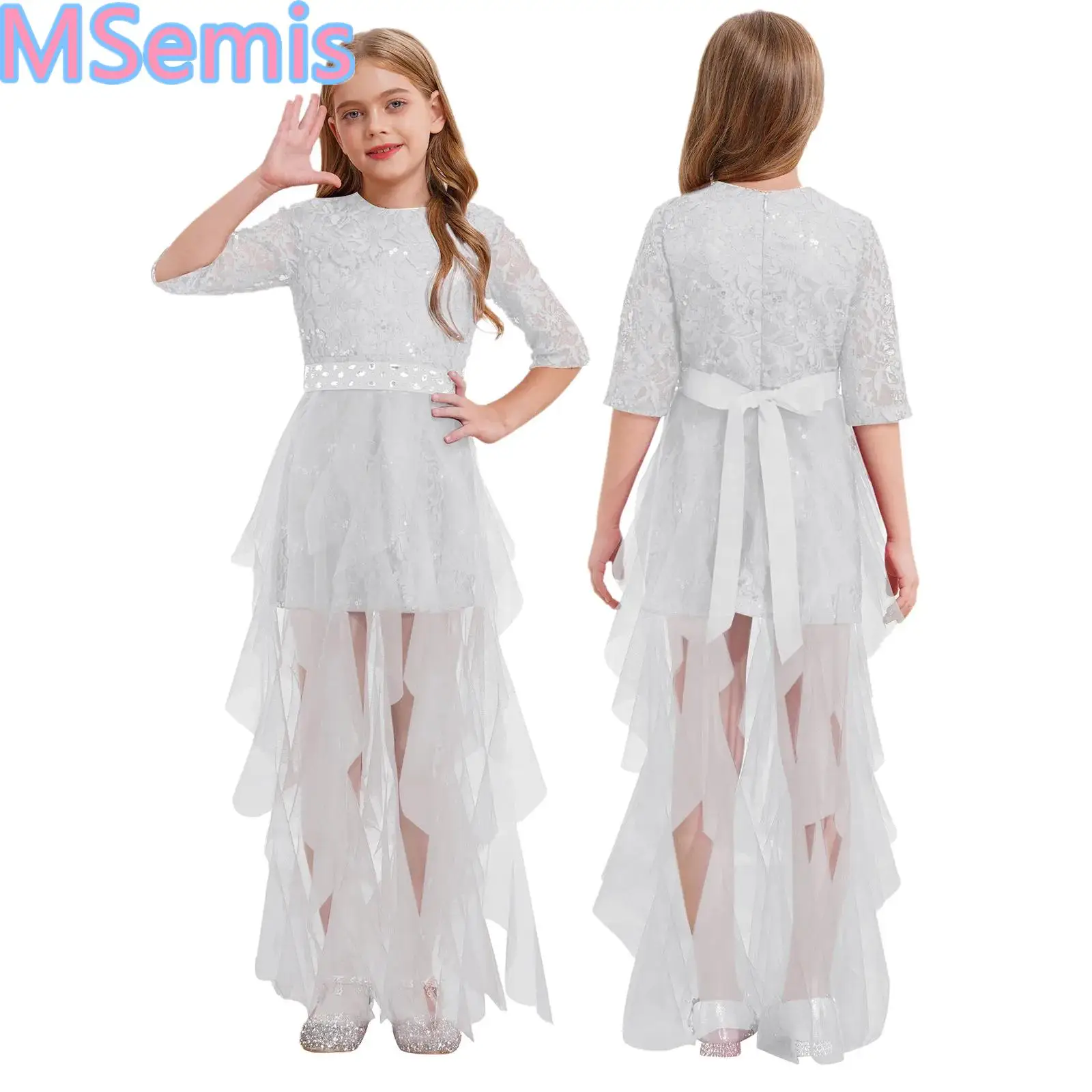 

Kids Girls Sequin Lace Bridesmaid Dress Tulle High Waist Ankle Length Dress with A Faux Diamond Embellished Belt for Wedding