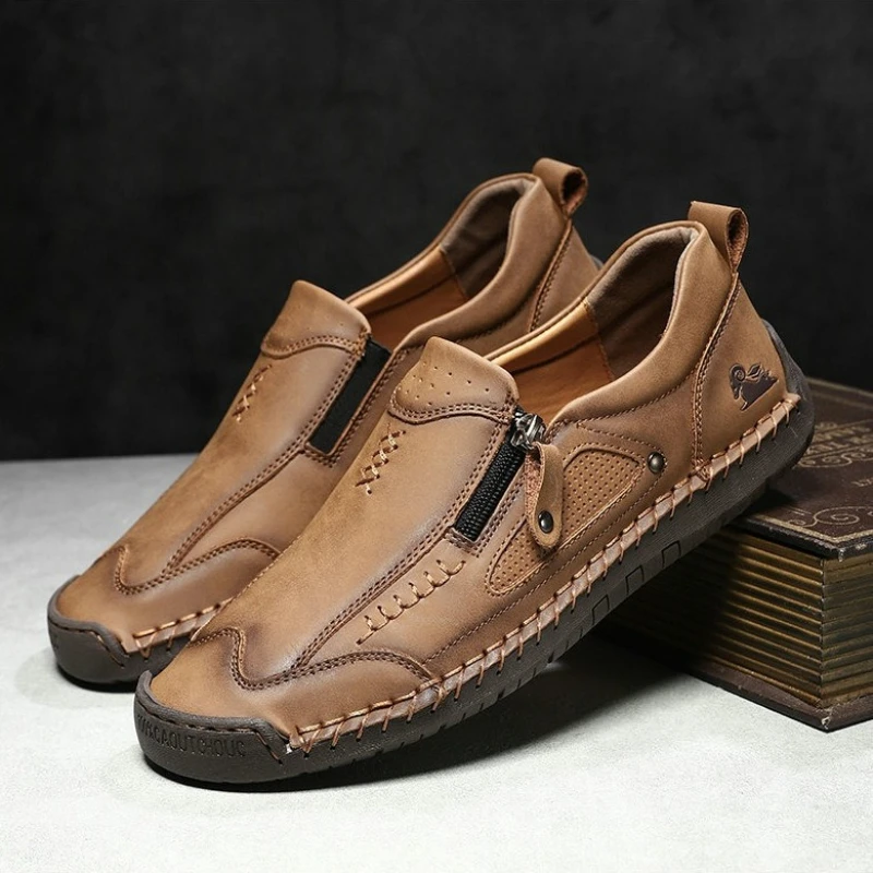 

Handmade Leather Men Shoes Casual Slip On Loafers Breathable Leather Shoes Men Flats Fashion Moccasins Tooling Shoes Plus Size