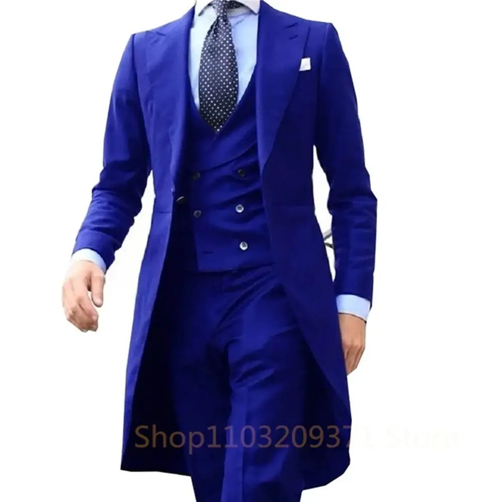 Royal Blue Long Tail Coat 3 Piece Gentleman Man Suits Male Fashion Groom Tuxedo for Wedding Prom Jacket Waistcoat with Pants