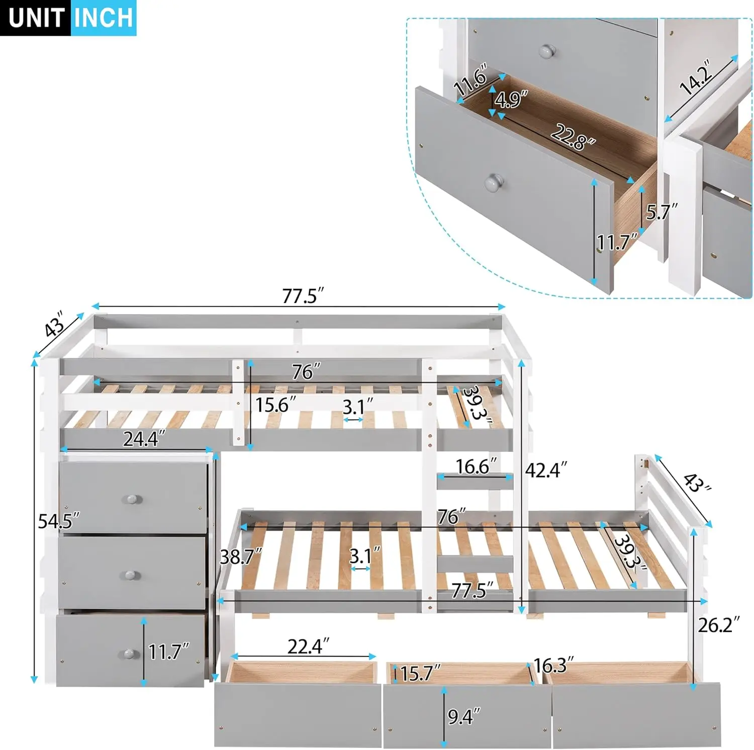 Low Loft Bed With Storage Drawers And Dresser, Wood Twin Over Twin Bunk Bed Frame For 2 Kids, Modern Junior Loft Beds With