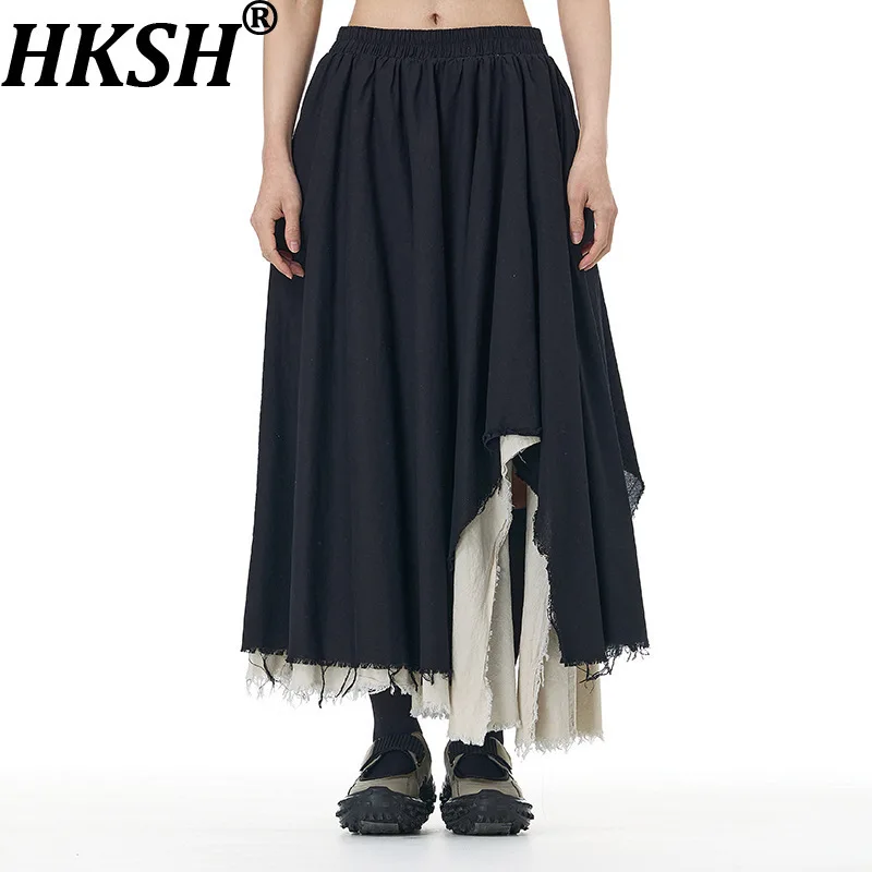 

HKSH весна осень новая женская юбка с эластичной резинкой на талии контрастного цвета с разрезом заусенцев плиссированные темные элегантные модные повседневные юбки HK13155
