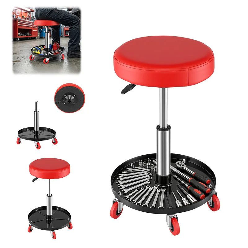 Werkstatt Rollhocker höhenverstellbar, Mechaniker Sitz mit 360° Drehung, 5 Rollen, Belastbar 135 kg, mit Ablagefach, Auto Reparatur Sitzhocker für Garage