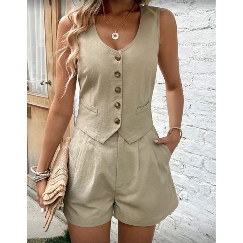 Cotton Shorts Sets for Women 2 Pieces Sexy Sleeveless Single Breasted Vest Top + Shorts Suit Elegant Office Lady Tracksuit