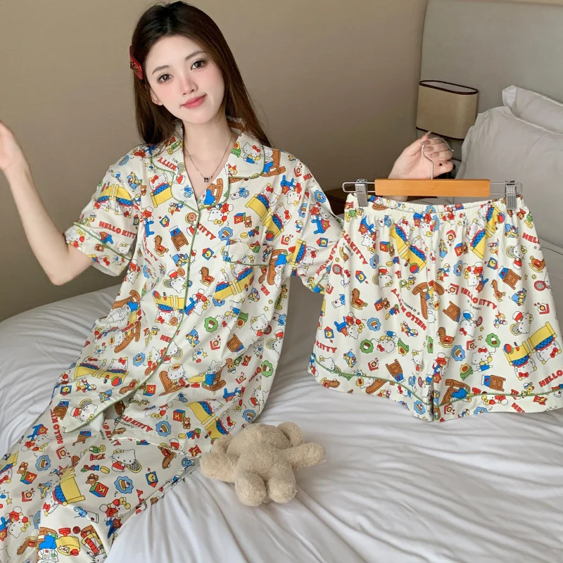 

Пижамный костюм из 3 предметов с героями мультфильмов «Hello Kitty», летняя домашняя одежда, топ в стиле аниме Kawaii, шорты, брюки для женщин, хлопковая повседневная свободная ночная рубашка