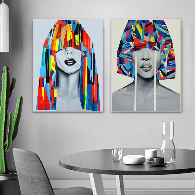 

Abstract Art Poster Paint Woman Face Prints Color Stripes Hat Canvas Picture Wall Modern Portrait Graffiti Decoration Painting