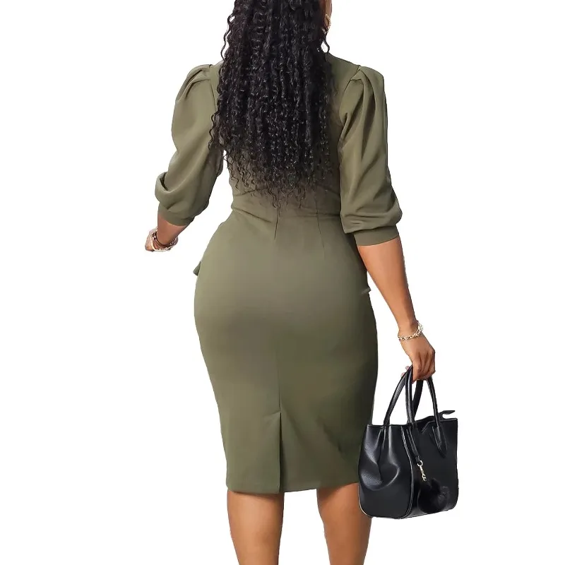 Elegante vestido midi de escritório feminino, bodycon feminino, decote em O, moda feminina, sexy vestido lápis de trabalho, plus size, 3XL, verão, outono, 2024