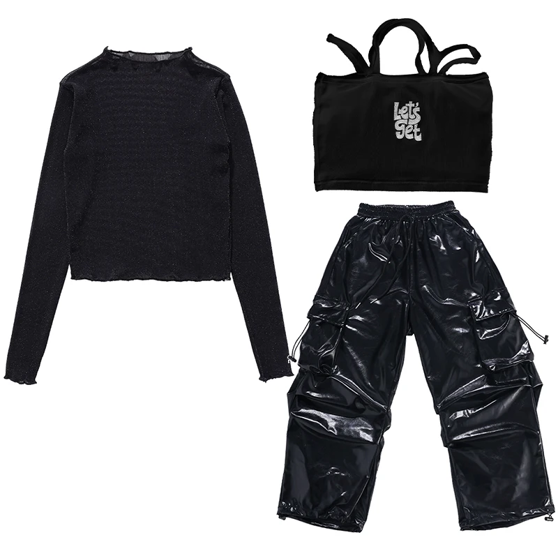 Bambini Streetwear Costume Ragazze K-pop Lucido Crop Top Gonne Street Dance Pantaloni cargo Bambini Hip Hop Jazz Ragazza Gruppo Set di vestiti