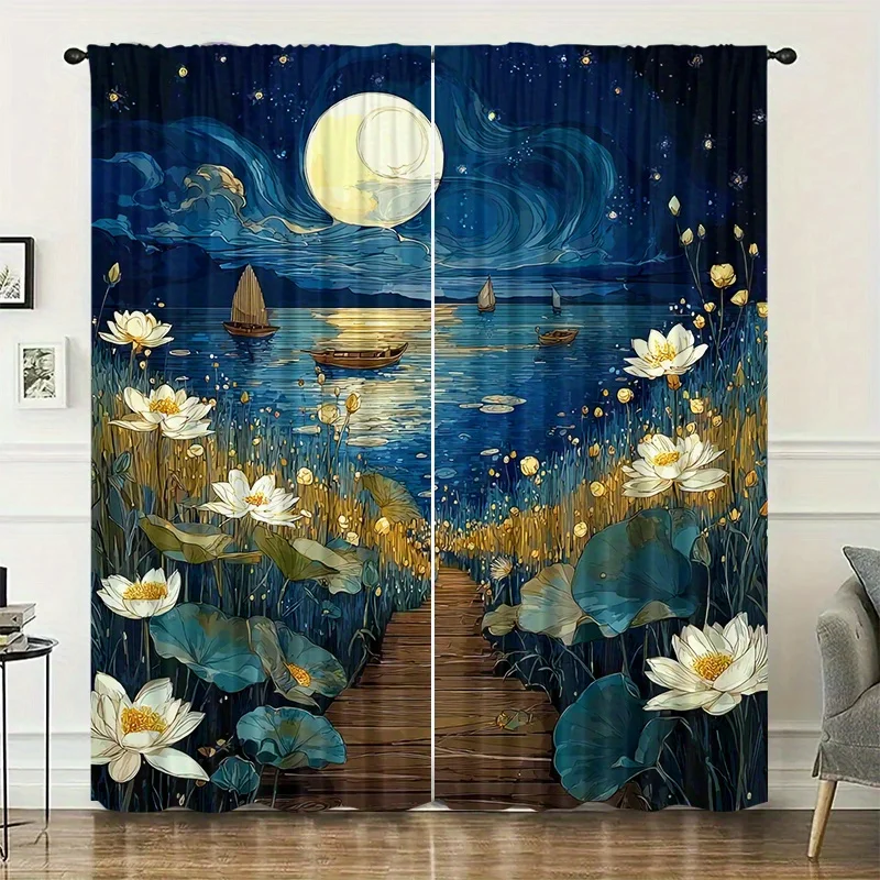 Lavender Lake and Floating House Night View Curtains, pole-mounted Suitable for living rooms bedrooms, dining rooms hotels