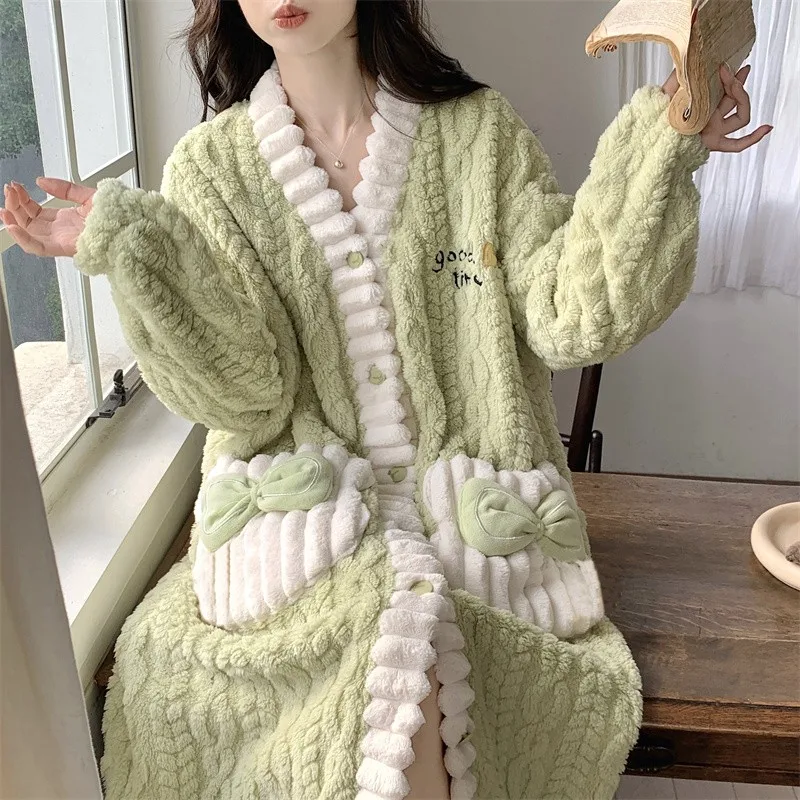 5 Colors Cute Homewear Pajamas Fleece Nightwear Women Winter Warm Thick Coral Velvet Bathrobe Nightgown Sleepwear