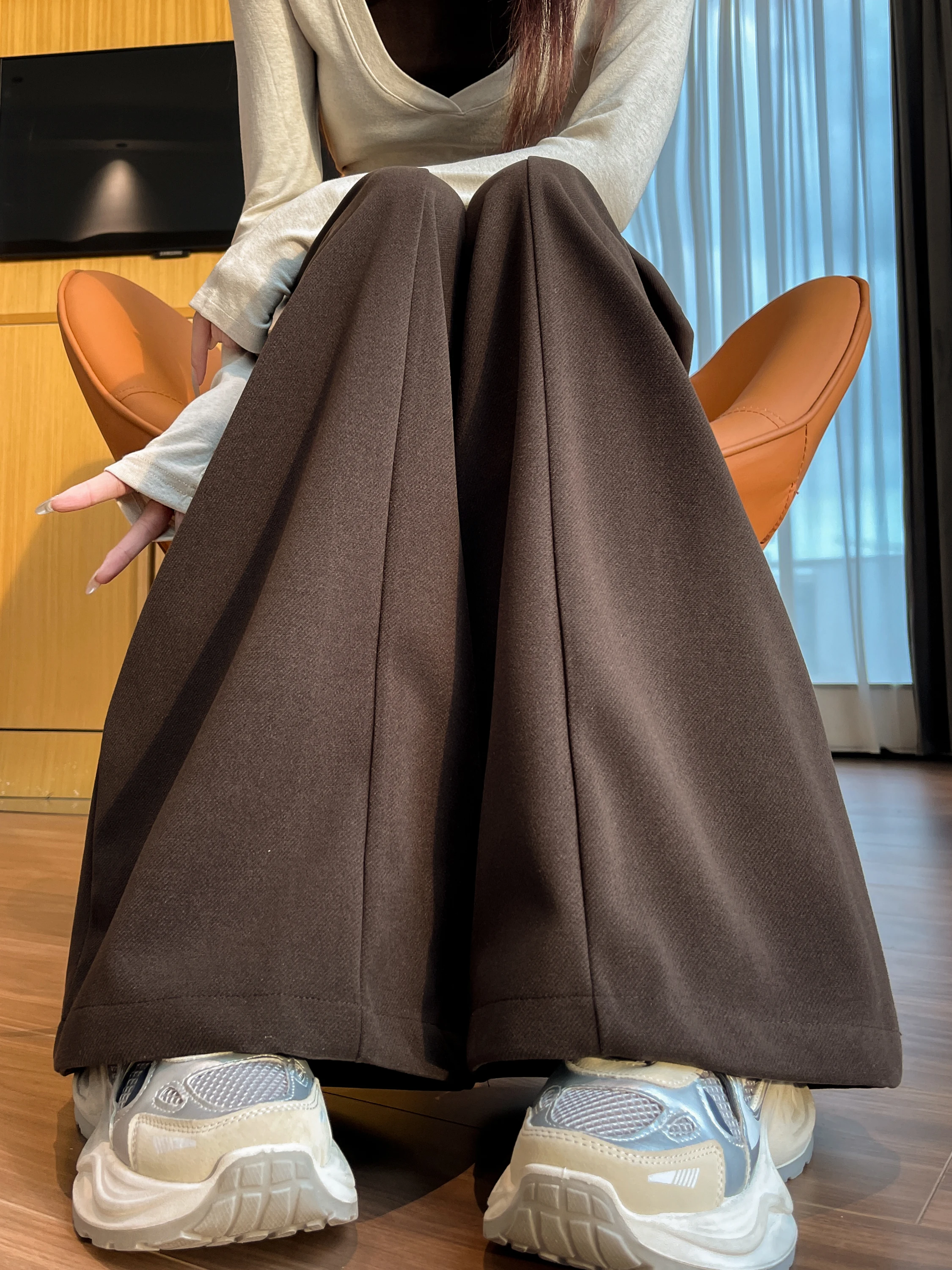 Ay Thiened Traje de lana Pantalones de pierna ancha Pantalones casuales rectos hasta el suelo adelgazantes de cintura alta para mujer