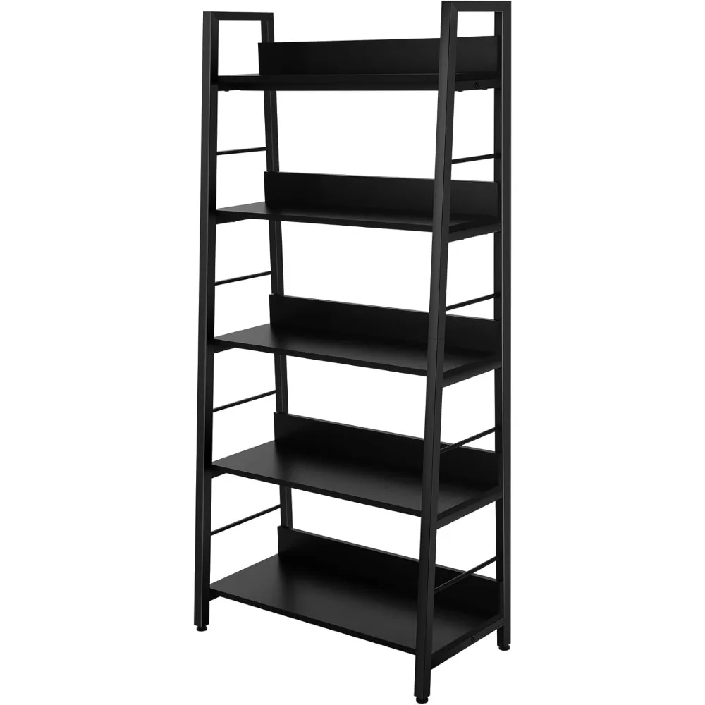 

5 Tier Book Shelf, Industrial Bookcase and Storage Rack Accent Ladder Bookshelf, Black Wooden 28'' Wide 59'' Tall Shelves