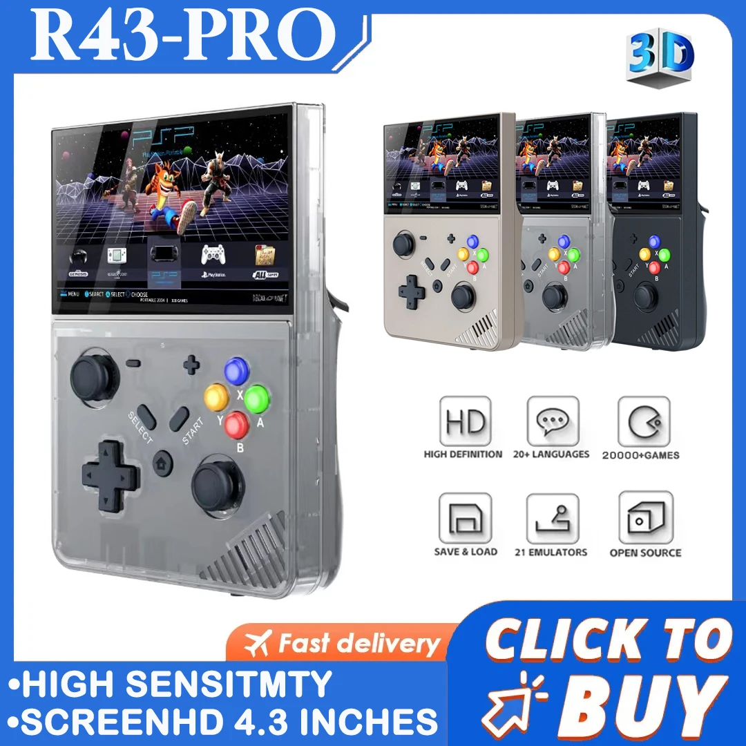 New R43 Pro Handheld Video Game Console Retro 4.3-inch LED Screen Original 3D Home 4K HD Large PSP PS1 Supports 25 Simulators