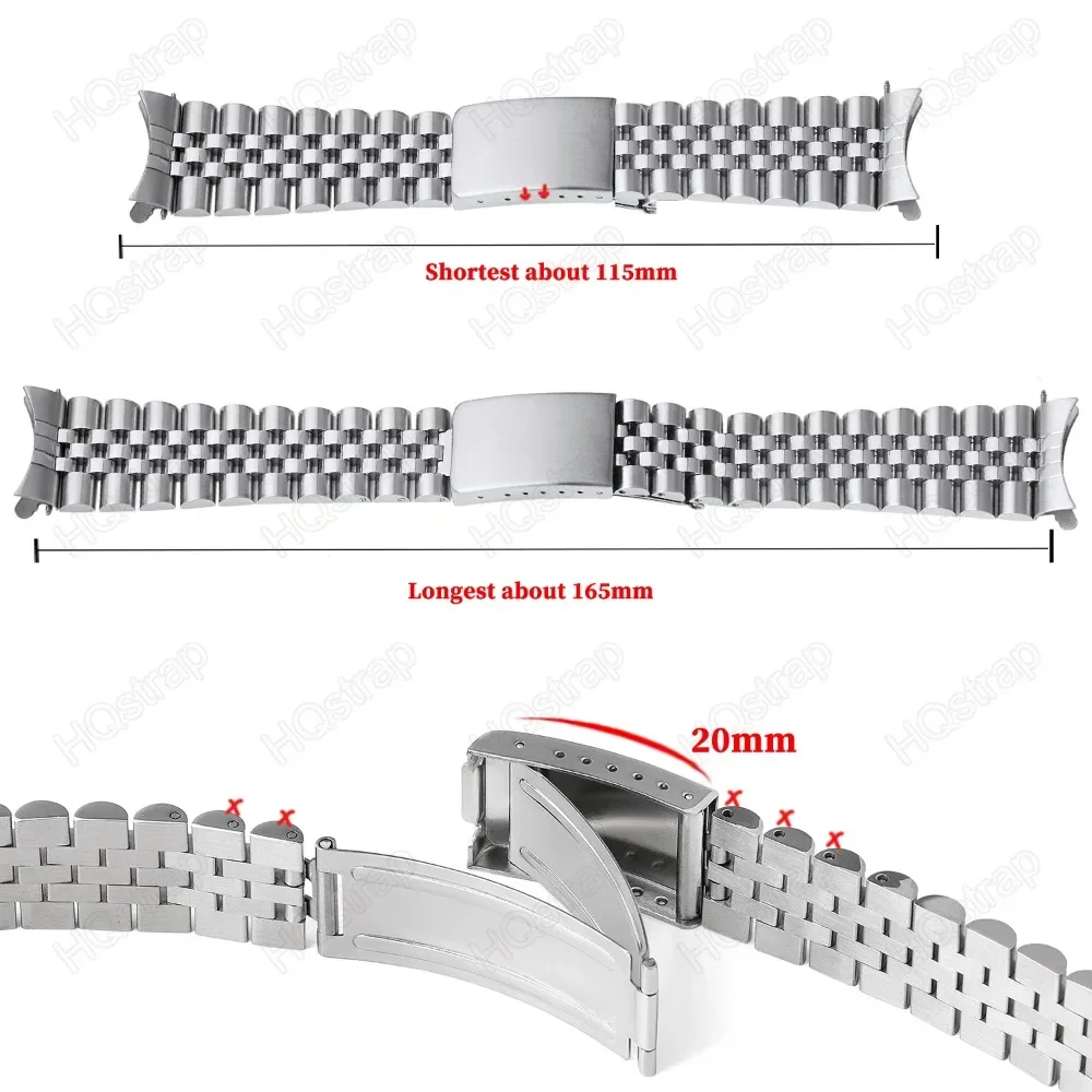 Curved End Solid Stainless Steel Watch Band 18mm 19mm 20mm 21mm Strap for Rolex Metal Belt for Seiko Folding Buckle Bracelet