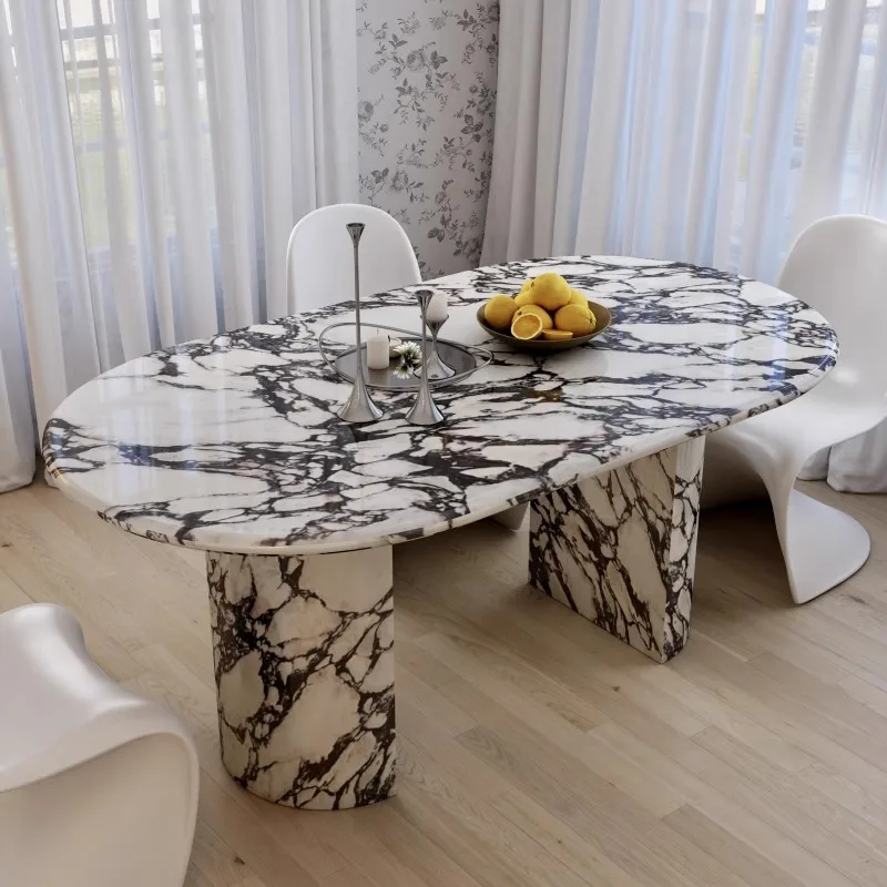 French Bulgari marble dining table and chairs