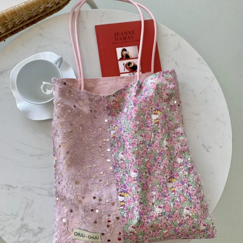 Sanurgente-Sac en toile rose clair Hello Kitty pour femme, design de niche à sequins, haut de gamme, simple initié, sac en toile CommPiedmont, Kawaii