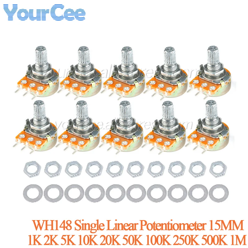 Potentiomètre linéaire simple WH148, arbre de 15mm, 1K, 2K, 5K, 10K, 20K, 50K, 100K, 500K, 1M, 250K, lot de 2 pièces