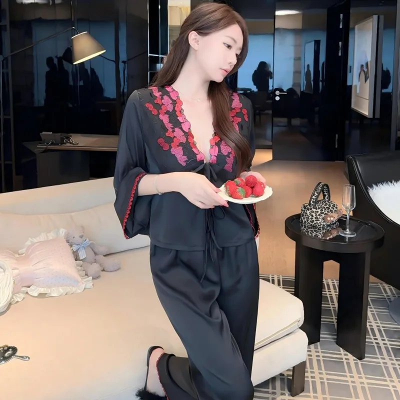 

2025 Autumn Winter Sexy Luxury Ice Silk Pajamas Women Long Sleeve Pants Deep V-neck 2piece Set Heart Lace Nightgown Sleepwear