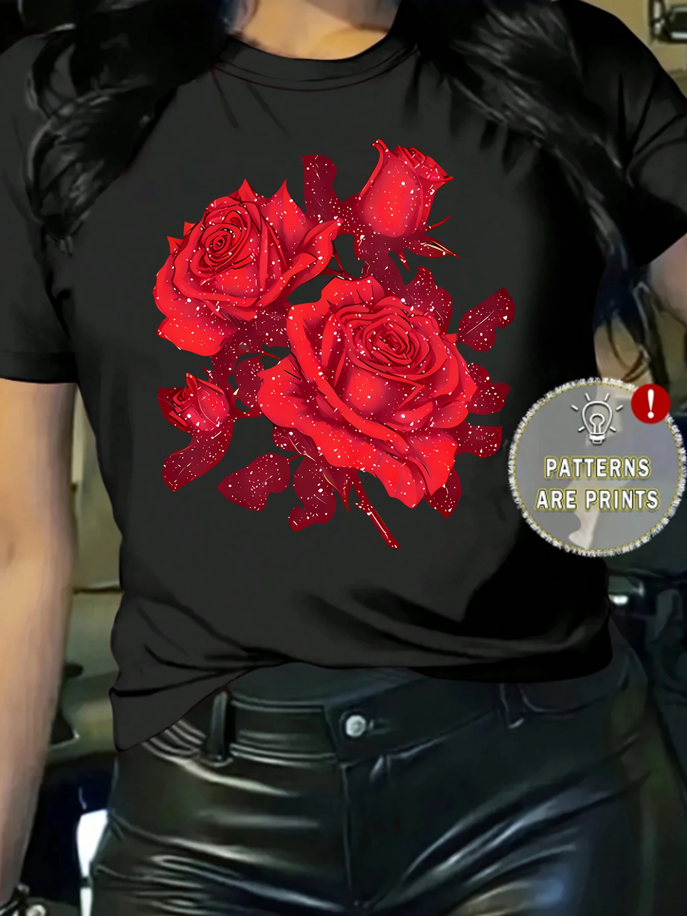 

Rose Plus size women's round neck short sleeve T-shirt with elastic half sleeves and trendy prints