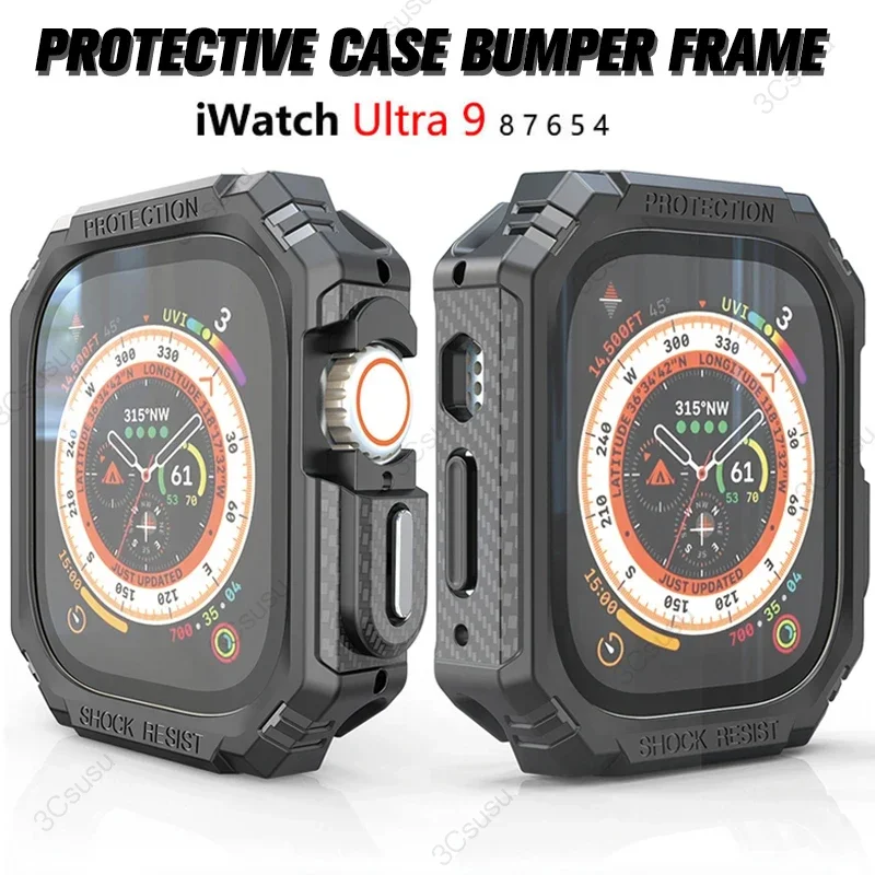 Abdeckung 49mm für Apple Watch Ultra 2 Schutz Stoßstangen rahmen 45mm 41mm für iwatch Serie 9 8 7 6 se 44mm Kohle faser Gummi gehäuse