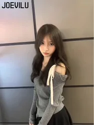 Off Shoulder Strap Pullover Sweater Long Sleeved Knitted Tops Female Slim Fit Lining Babes Korean Fashion Jumper Y2k Clothes