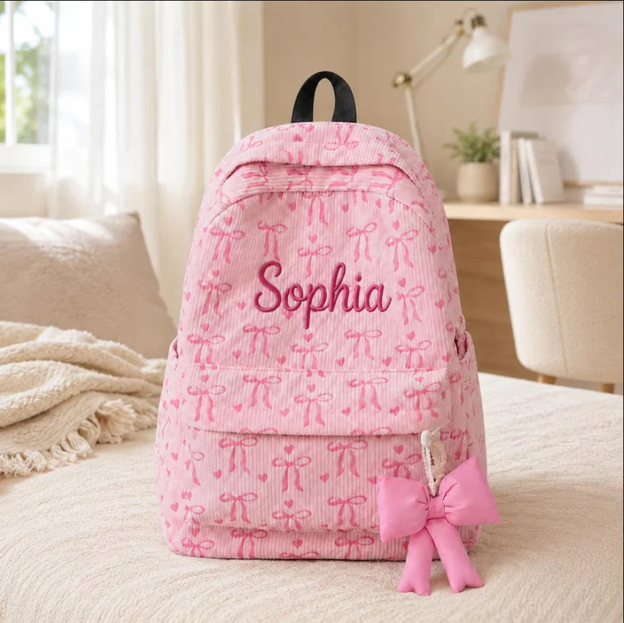 Personalized Corduroy Bow Backpack, Custom Embroidered Name Coquette Heart Pattern Bag for Girls, Back to School Gift