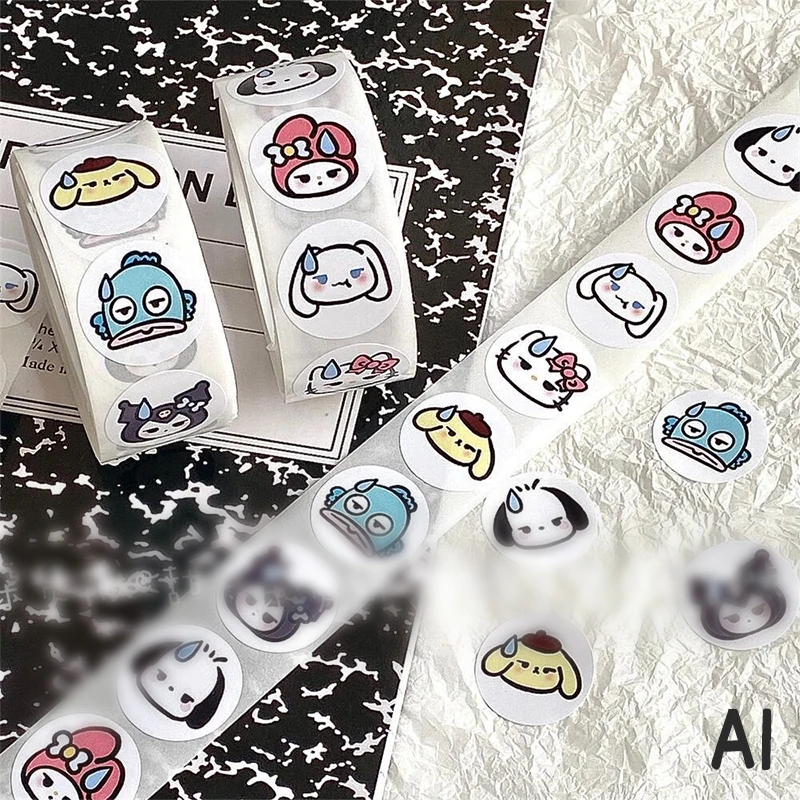 2024 New 500PCS Sanrio Sweating Sticker Round Seal Sticker Self-adhesive Label Children\'s Cartoon Roll Roll Sticker