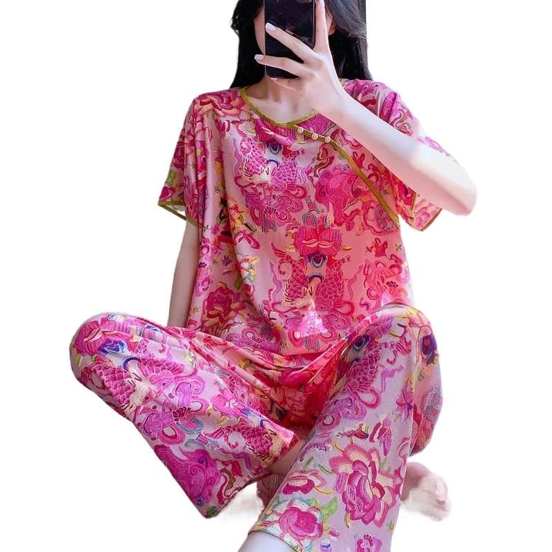 

Женский весенний домашний костюм-пижама из хлопка и шелка, свободный крой, с принтом «Удачливый карп», комфортный и дышащий, новинка 2026 года, можно носить и на выход