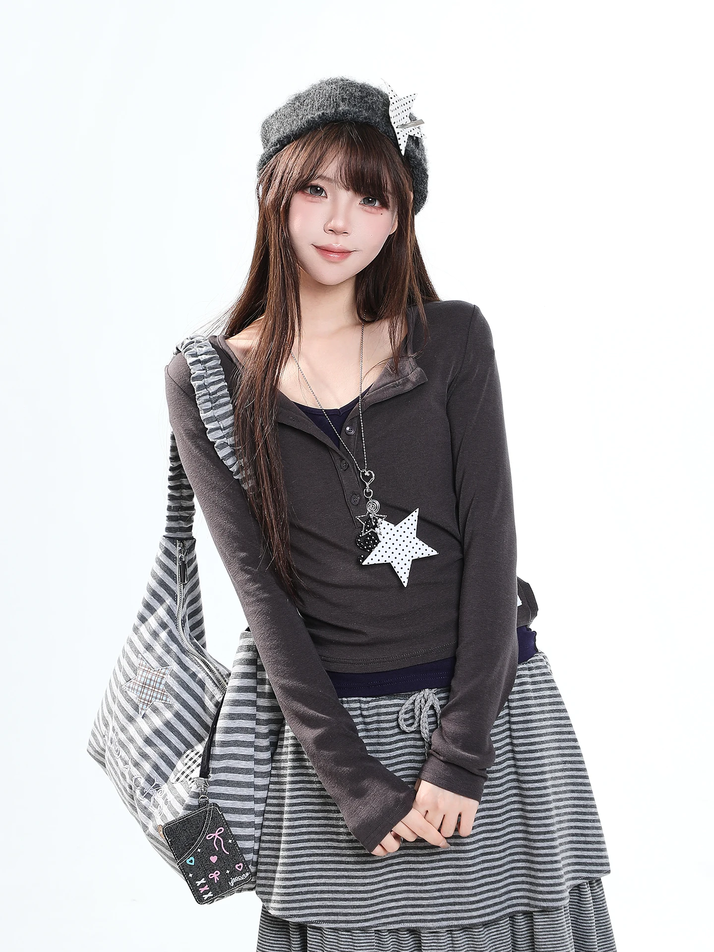 Sweet And Spicy Long Sleeve T-Shirt Women's Slim Fit Beautiful Color Block Top Casual Style Creative Pattern Breathable Material