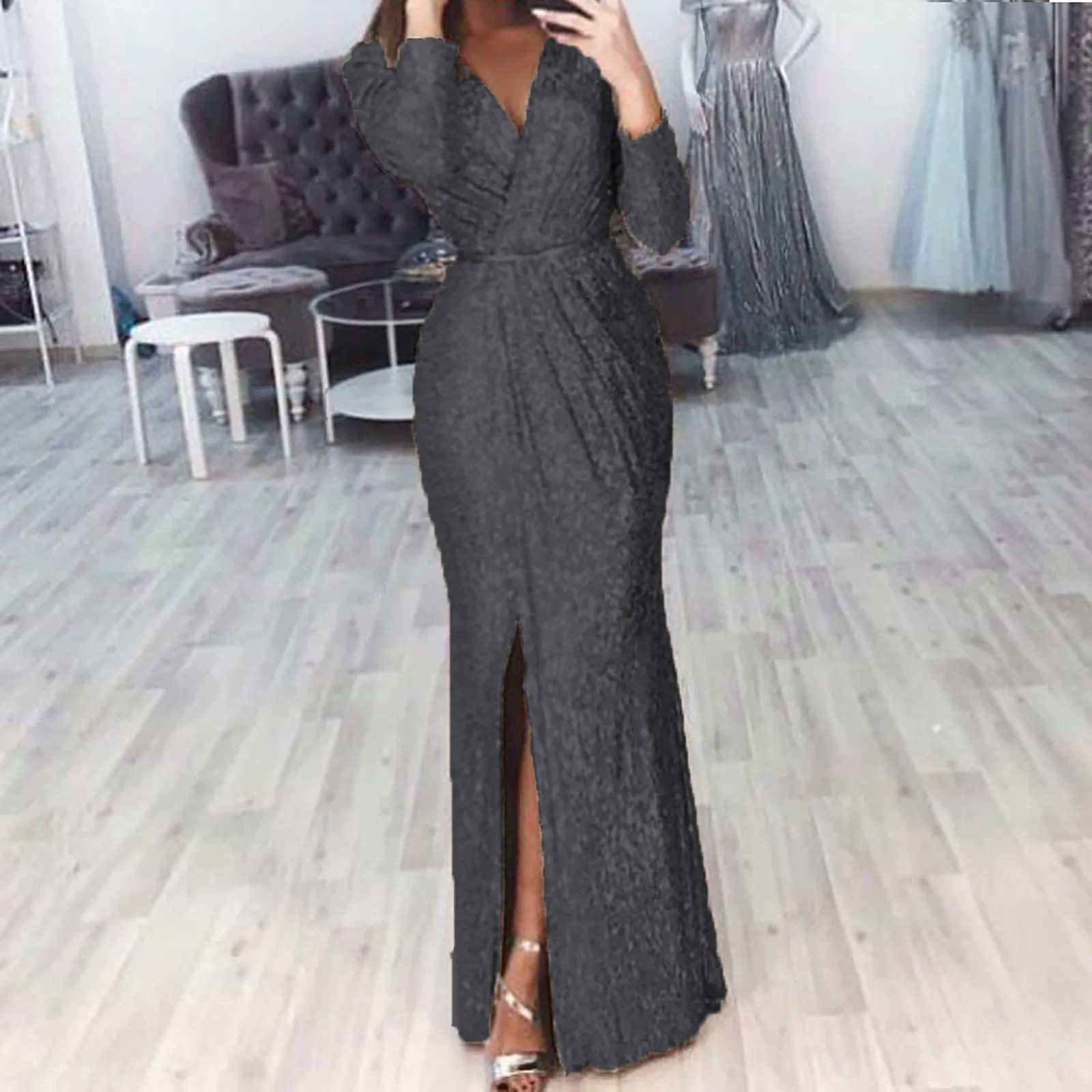 Club Dinner Sexy Dress Elegant Lady Party Dress Autumn New Women'S Solid Long Skirt Evening Gown Deep V-Neck Sparkly Dress Skirt